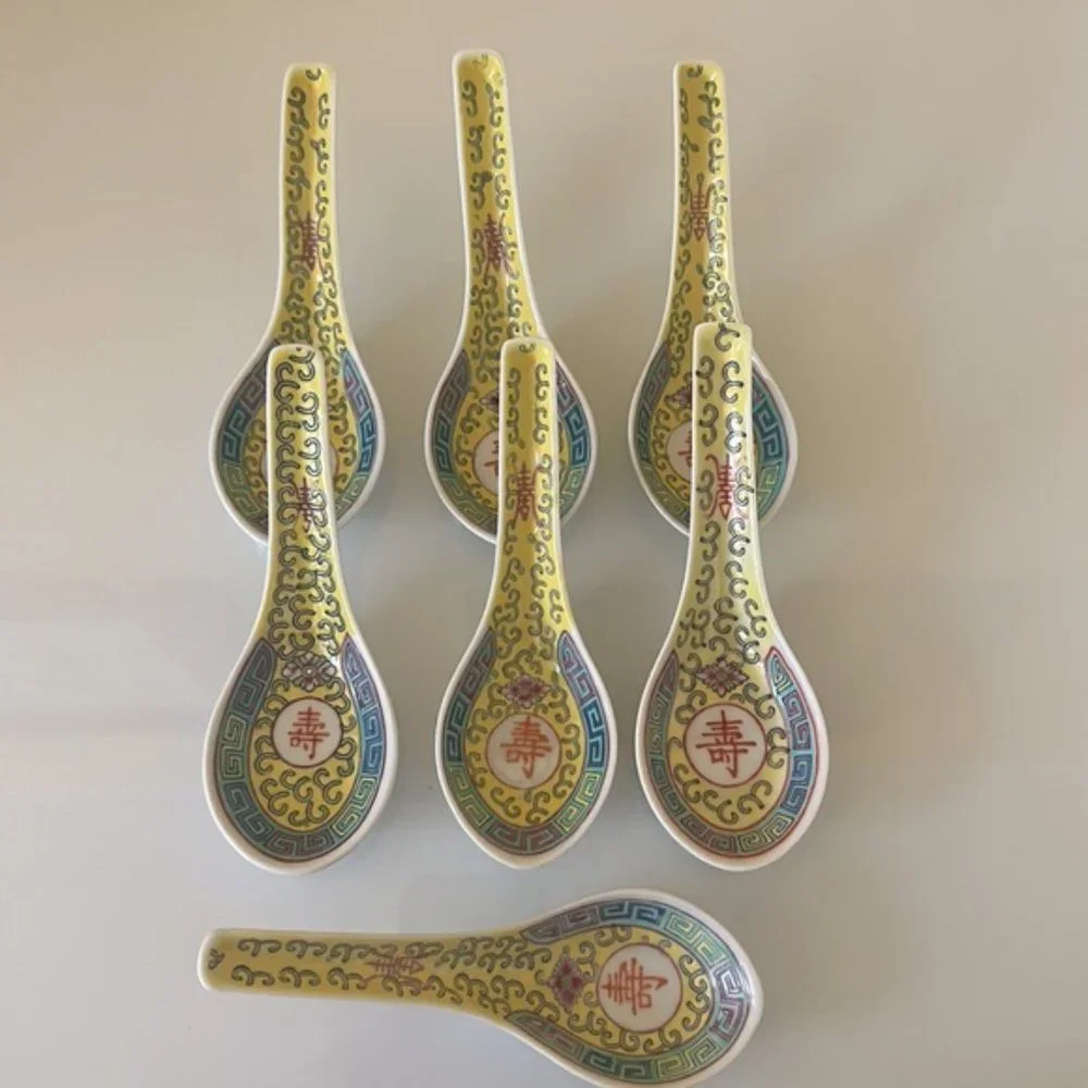 China Jingdezhen Wanshou Porcelain Soup Spoons Yellow Hand Painted Set of 7